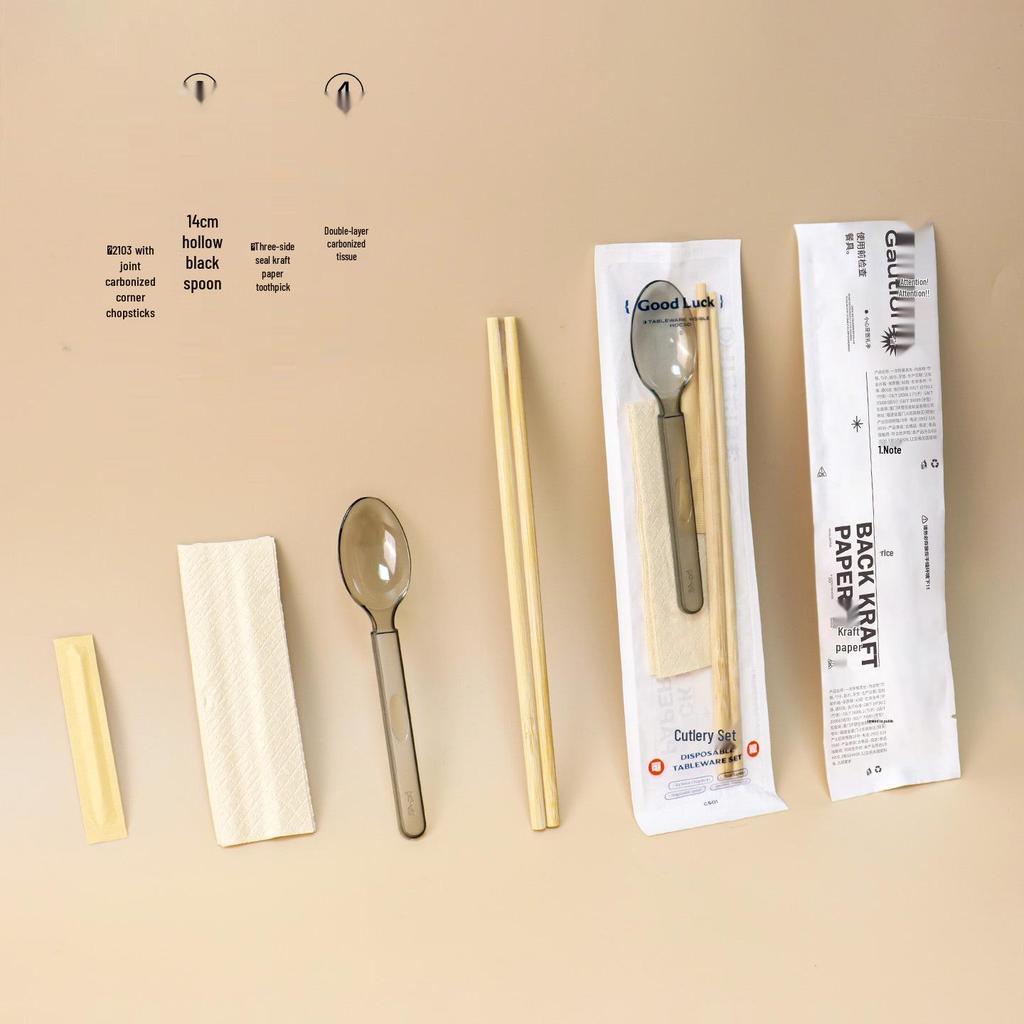 Four-Piece Disposable Cutlery Set: American Spoon & Three-Piece Takeout Chopsticks with Custom Logo Packaging for Restaurants