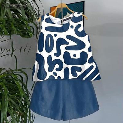 Women Summer Round Neck Sleeveless Vest Wide Leg Shorts Sets