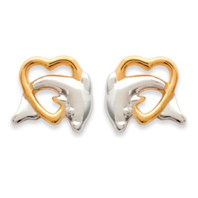 [N0023] - Cercei placați cu aur „Delfinii iubirii” auriu-argint - 8x8 mm