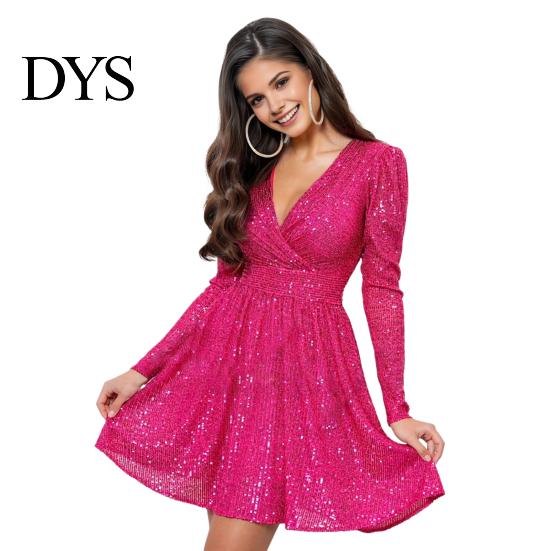 Elegant Evening Dress Women's Sparkling Sequin Mini Long Sleeve V-Neck Party Women Short Slim Fit Lady Cocktail for Parties Weddings Clubs Proms Sexy