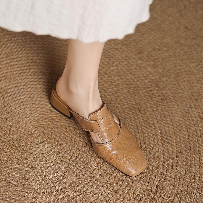 Fashion NEW Summer Women Mules Genuine Leather Shoes for Women Cover Toe Chunky Heel Slippers Pointed Toe Slingback Flower Black Sandals