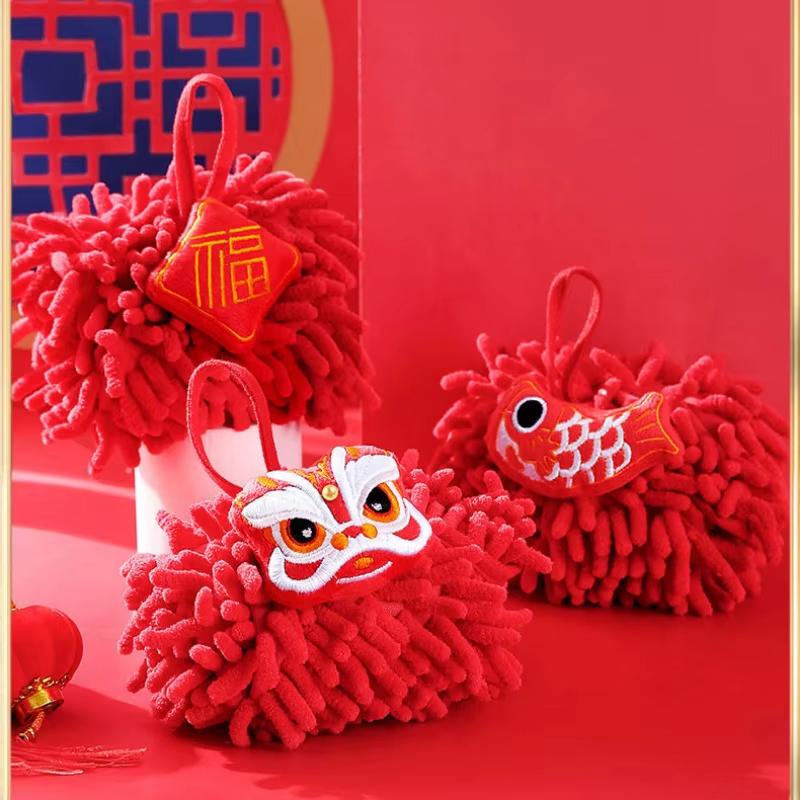 1pcs, Chinese New Chenille Hand Towel Hanging Cute Hand Ball Red Festive Cartoon Kitchen Toilet Lion Wake Handkerchief