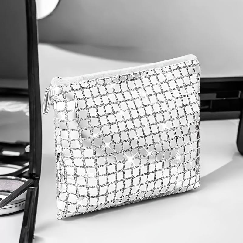 WTEMPO Disco Style Makeup Bag for Women Disco Party Favors Portable Silvery Zipper Cosmetic Bag Bachelorette Bridal Soft Bag