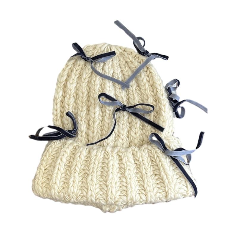 

Elastic Windproof Beanie with Cute Velvet Bowknot Shopping Hat for Adult Teens off білий колір