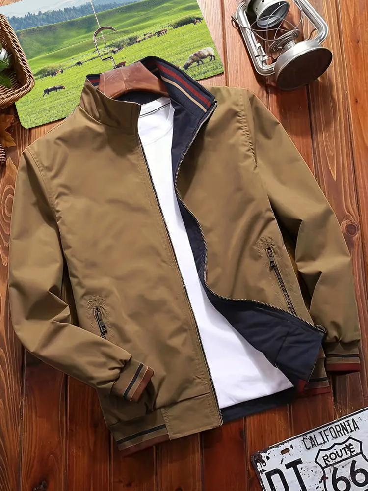 Men's Reversible Stand Collar Jacket - Sporty Casual Zip-Up Coat , Regular Fit for Spring/Fall Outdoor & Leisure Wear,  Pockets Versatile Outerwear