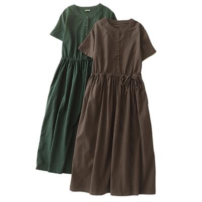 Real Summer New Literary and Loose Solid Color Round Neck Short-sleeved Dress Women's Waist Medium and Long