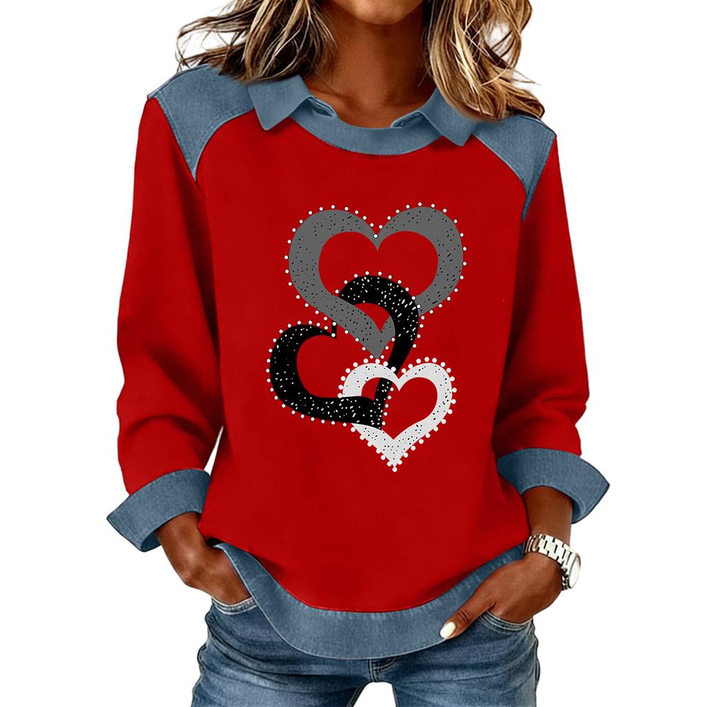 Women's Fashion Flared Long Sleeve Denim Patchwork Sweatshirt Valentine's Day Print Casual Pullover Top