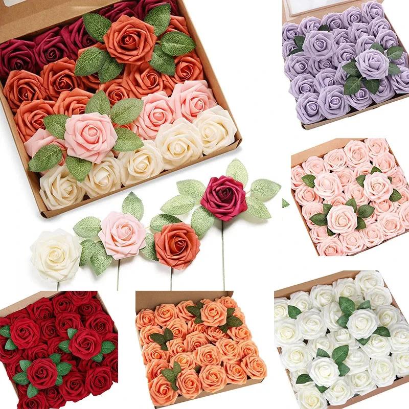 25pcs Rose Artificial Flowers Foam Fake Roses Wedding Bouquets Centerpieces Mothers Day Valentines Gifts Party Decoration