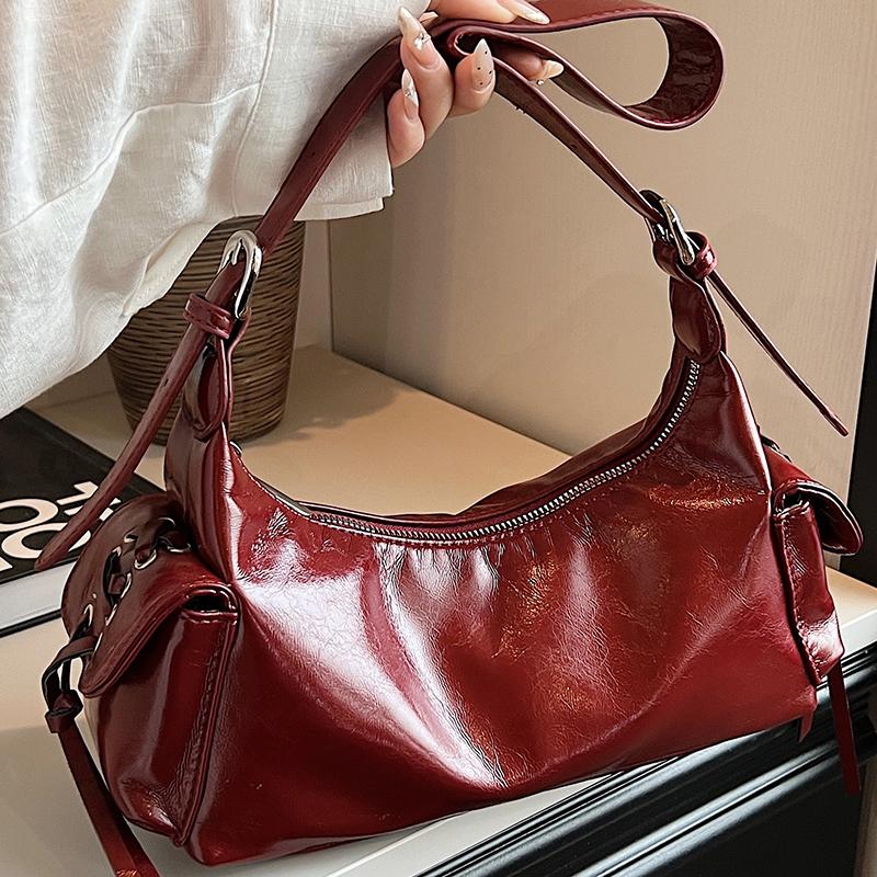 Soft leather bag for women retro texture red monochromatic versatile shoulder shopping women's bags