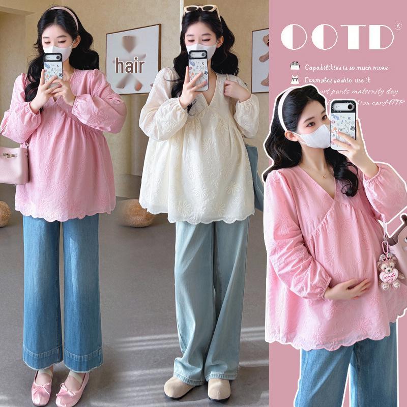 2026 Spring Korean V-Neck Lace Embroidered Sweet Doll Shirt for Pregnant Women 2XL