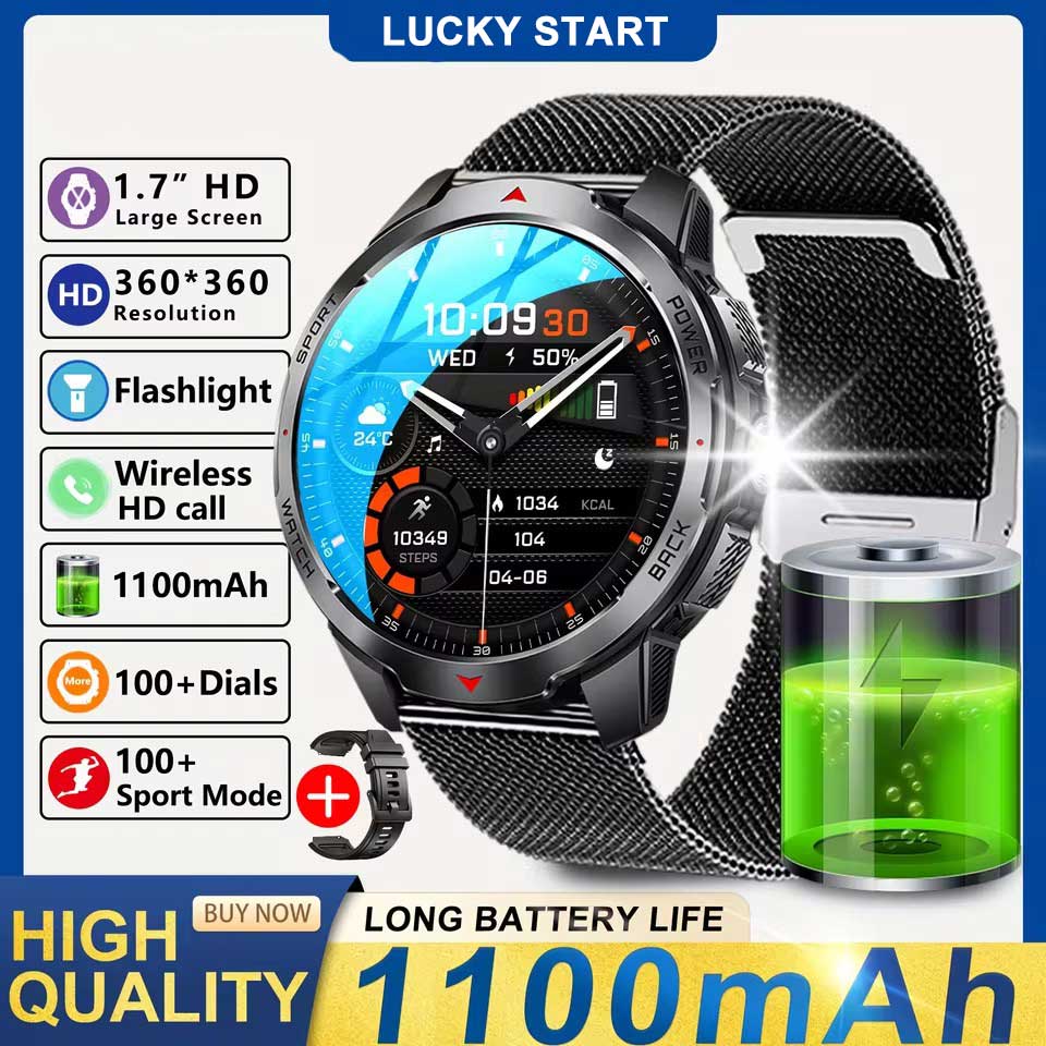 2025 New 1.7-inch Smart Watch Men 1100mAh High-Capacity Battery LED Torch & Compass 3ATM & IP68 Bluetooth Call Sports Smartwatch