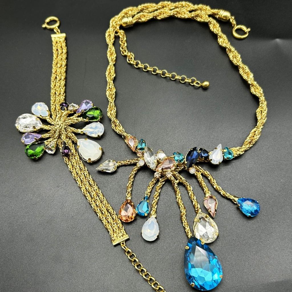Medieval Vintage Ancient Copper Plated Real Gold Color Inlaid Necklace Bracelet Set Heavy Industry Craft Jewelry Premium Sense