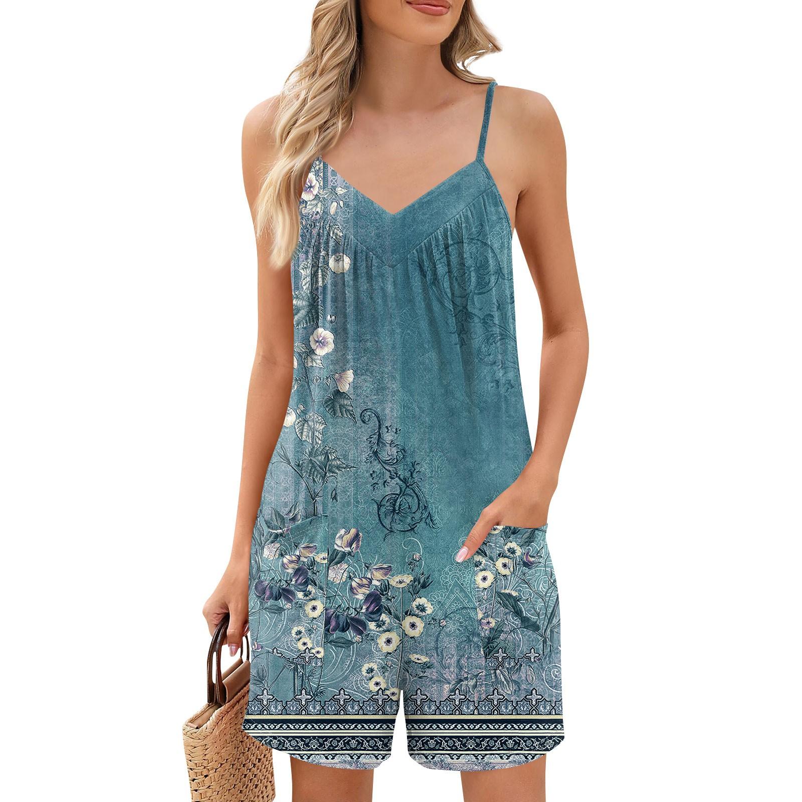 

Женские летние шорты-комбинезоны, модные повседневные комбинезоны без рукавов с принтом, шорты-комбинезоны с карманами XL циан