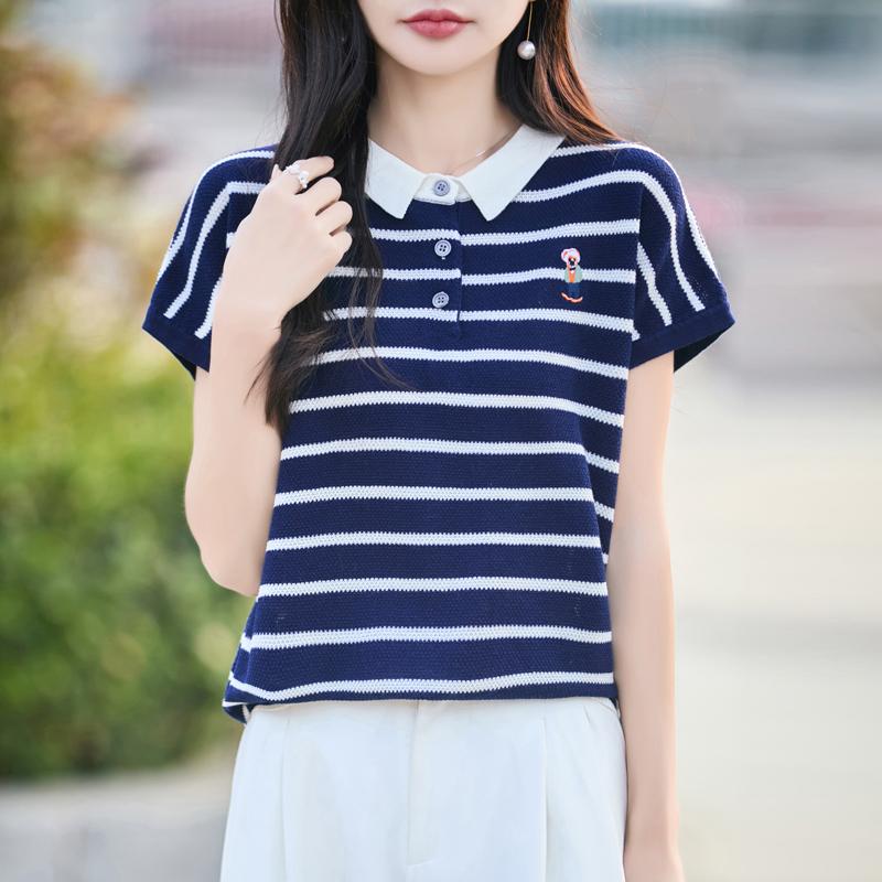 Women Knit T-shirt 100% Wool MODERN NEW SAGA Summer Knitted Shirt Short Sleeve Tees Turn-down Collar Patchwork Pullover Knit Tops