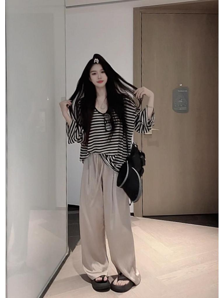 Tencel Linen Striped Loose Fit Women's Sunscreen T-Shirt