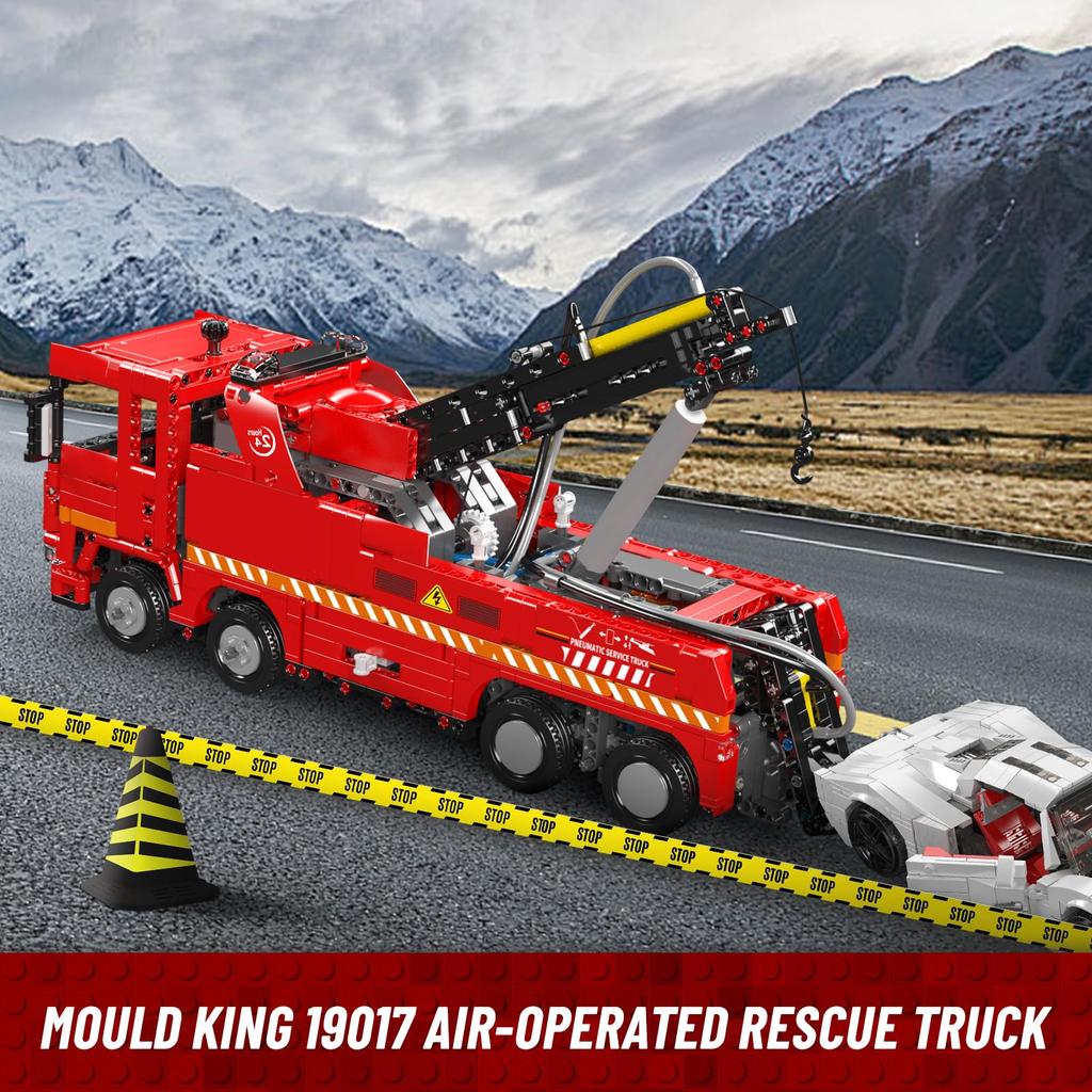 Mould King 19017 Rescue Tow Truck Building Blocks, 1653 Pieces, with Pneumatic Crane, App & Remote Control, Construction Vehicle Model, Ages 8+,