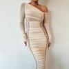 European and American Style Spring Hot-selling New Dress Sexy Mesh Splicing Diagonal Neck Off-the-shoulder Slim Dress