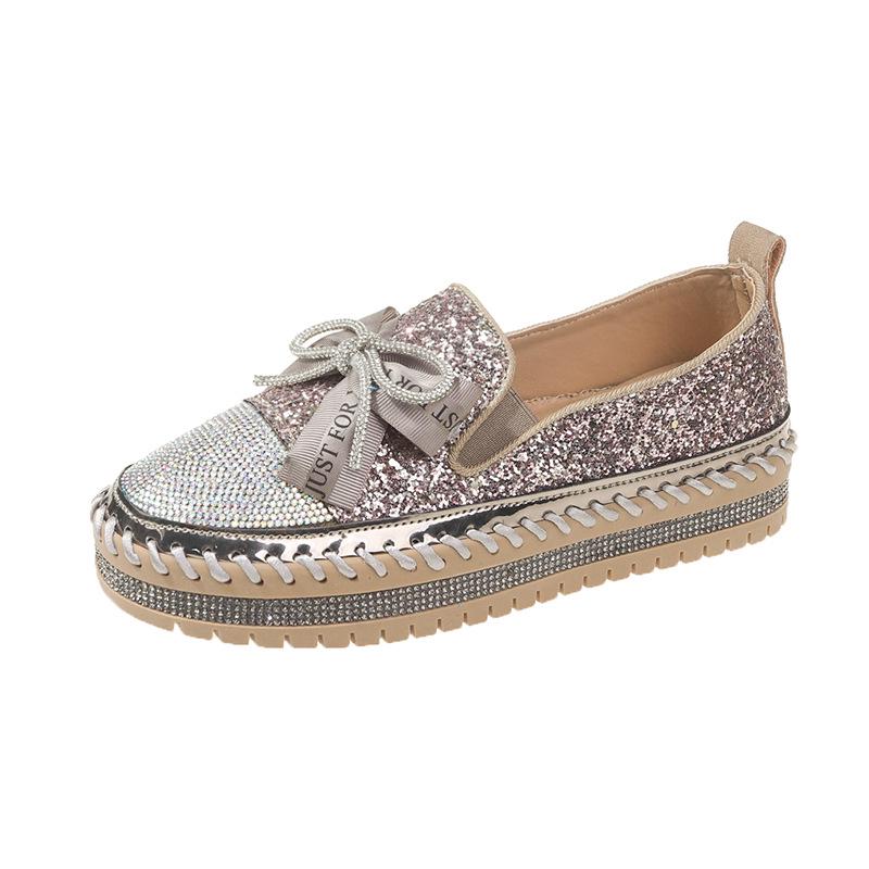 

2026 Women s Rhinestone Bow Slip-on Flats: Spring Casual Thick Sole Korean Style Plus Size Shoes 38