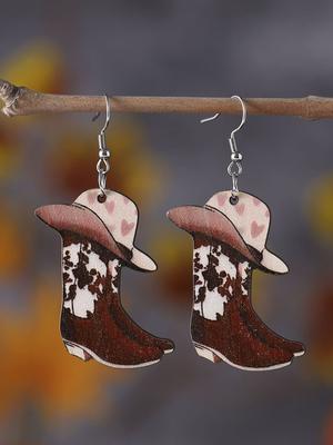 1 Pereche Cercei Vintage cu Cizme Martin, Cercei cu Pălărie în formă de Inimă, Design cu Cizmă de Cowboy Western, Potriviți pentru Purtare Zilnică