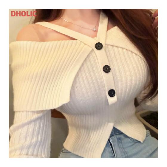 kn Women s Korean Fashion Tops Knit Long Sleeve Halter Neck Off Shoulder Cropped Slim Tight Stretchy Rib Thick Sexy Feminine Casual Autumn Winter