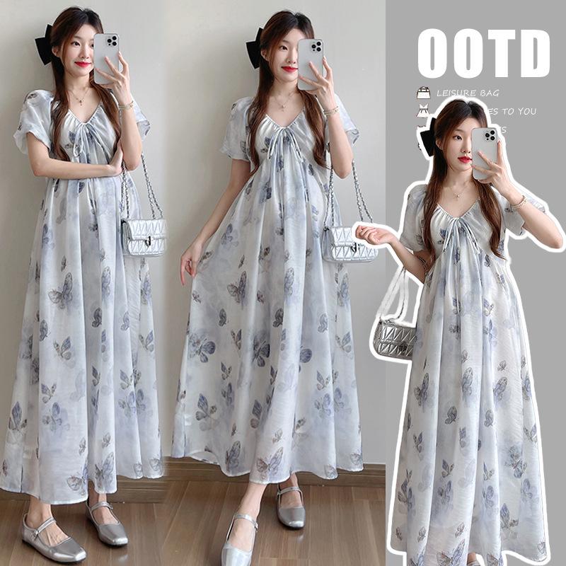 2026 Summer Floral Chiffon Short-Sleeve Maternity Dress Medium
