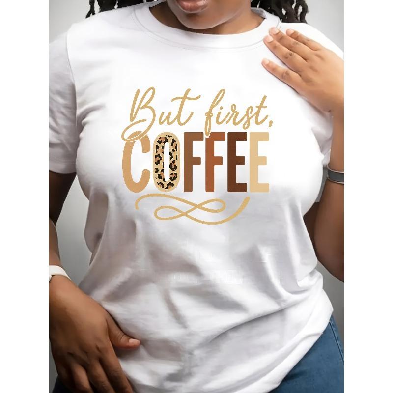 

European Size But First, Coffee T-Shirt - Leopard Print O & Bold Coffee Lettering, Casual Round Neck Short Sleeve Top Suitable for Daily Wear S белый