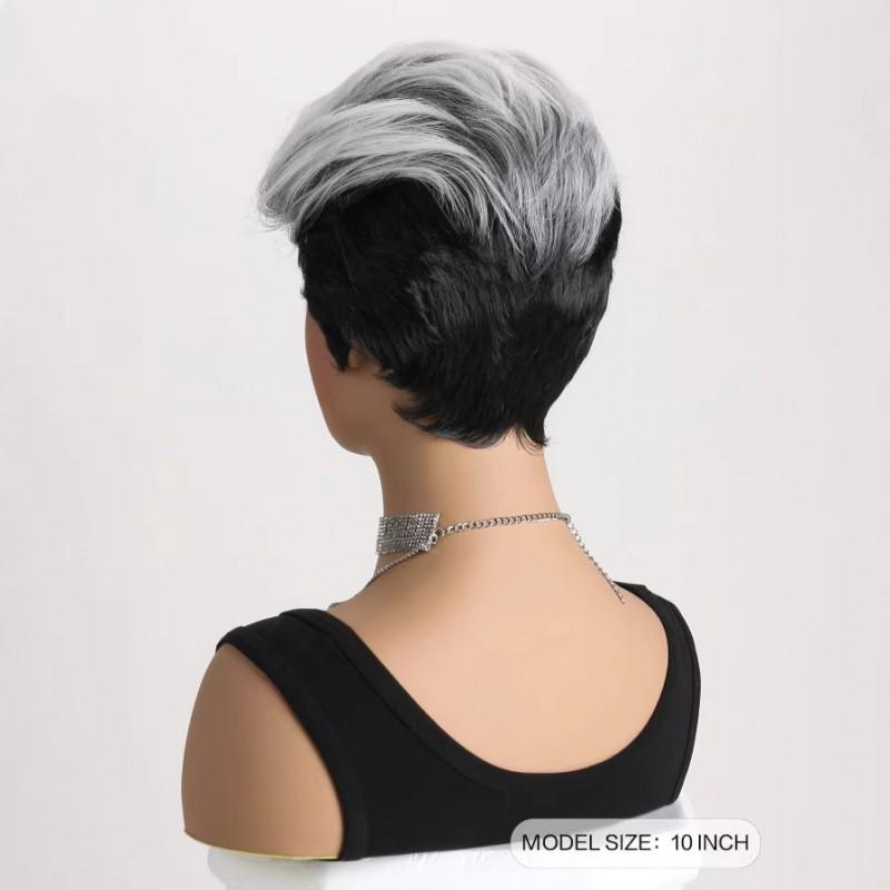 Fashion Short Wavy Wig Women White Black Gradient Fluffy Synthetic Hair Natural Look