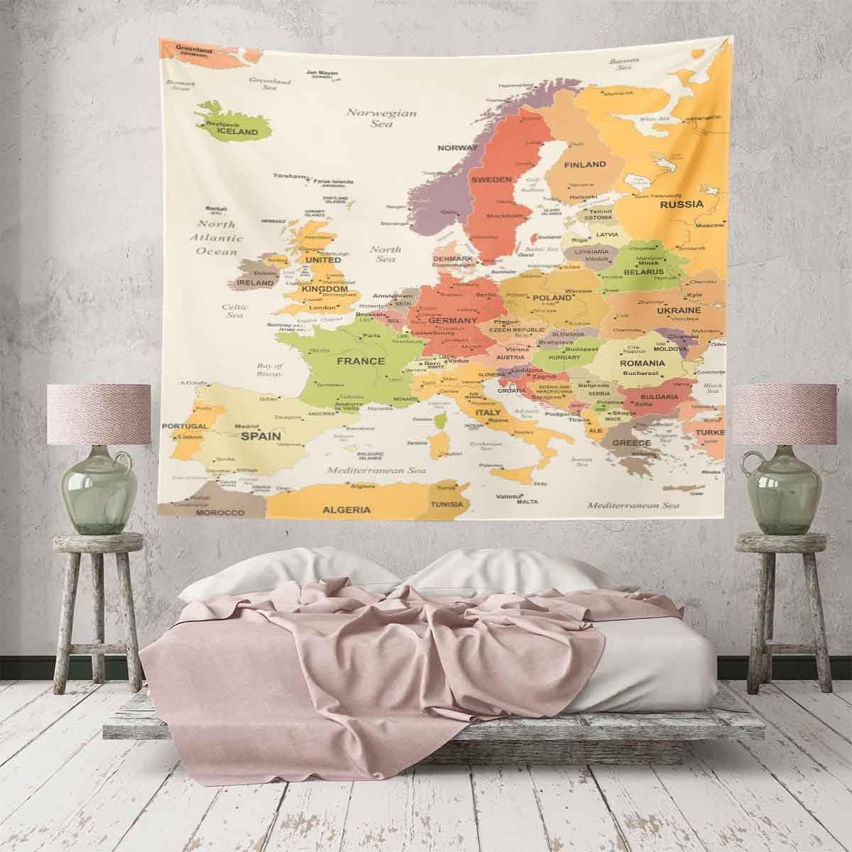 BULOR Map Tapestry Wall Hangings EU Euro Vintage Map with Countries Cities Tapestry For Kids Student Bedroom Living Room Dorm Cave Background 100X70CM
