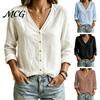 Women Casual Shirt V-Neck Long Sleeves Shirt, Solid Color Button Front Cotton Fall Linen Blouse, Breathable Loose Fit Top for Early Autumn