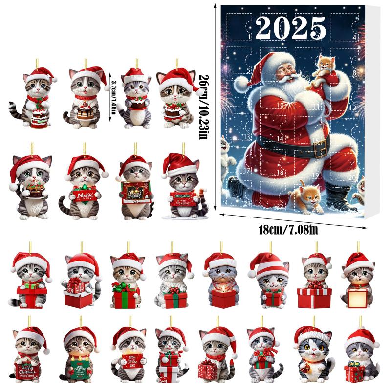 Kätzchen Adventskalender 2025 2D Acryl Katzenanhänger Weihnachtsbaumdeko 24 Tage Weihnachten Countdown Kalender Geschenk Für Katzenliebhaber