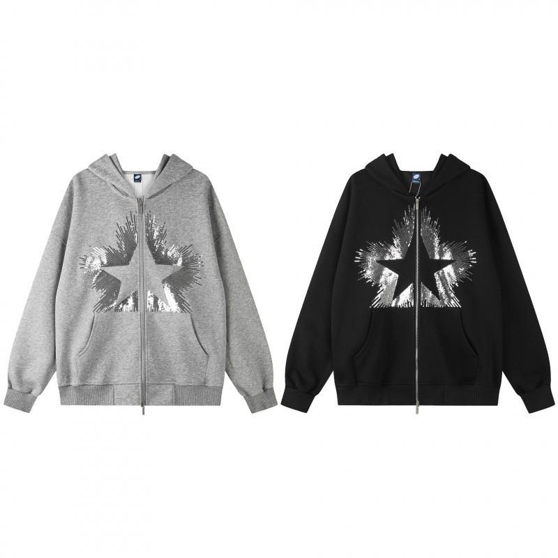 Unisex Oversized Hooded Zip-Up Sweatshirt Streetwear Vintage Sequin Loose Fit Cotton Blend Fall 2026