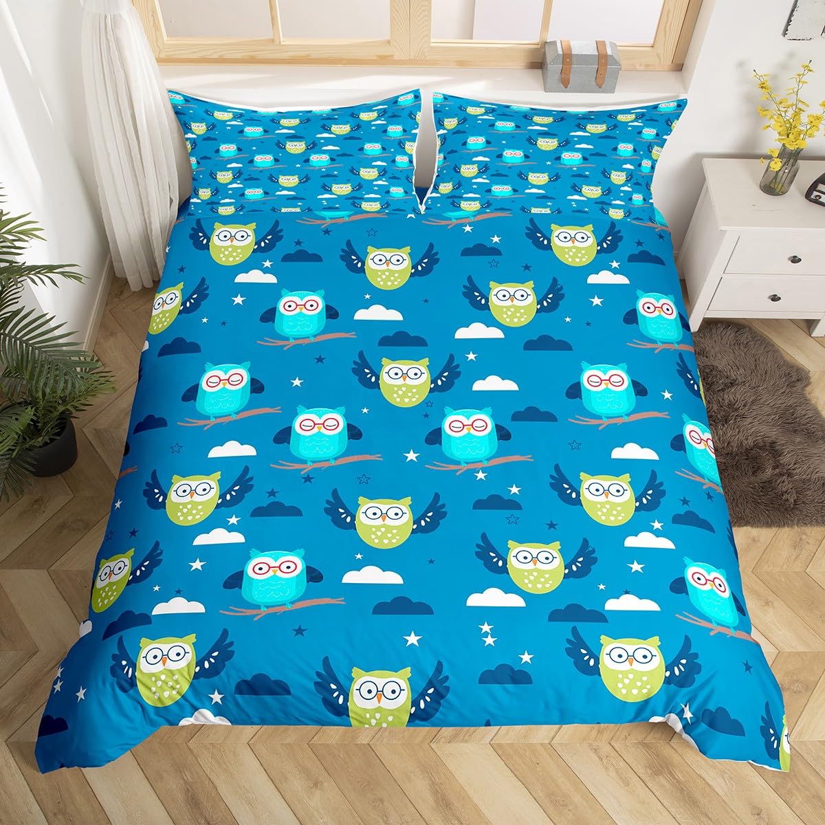 

Cartoon Owl Bedding Set King Queen Cute Animal Starts Comforter Cover Outer Space Duvet Cover Kids Girls Bedroom Quilt Cover EU Single(135x200cm)