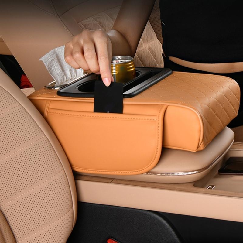 Car Armrest Box Thicken Height Pad Arm Rest Cushion with Pocket Tissue Cup Holder Elbow Support Universal