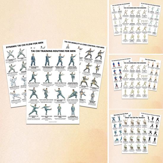 3 kusy Tai Chi cvičebních plakátů Ilustrace sedavé Tai Chi sestavy Pokyny pro jemné cvičení pro začátečníky Tai Chi Seniory