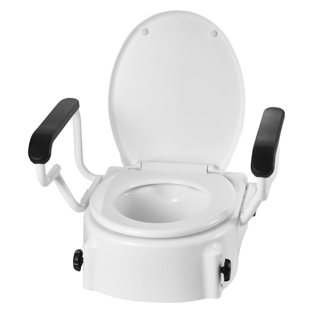 Raised Toilet Seat with Arms, 136.1 kg Load Capacity, 3-Level Adjustable Height, Widened Commode Elevated Toilet Seat Riser with Padded Handles for