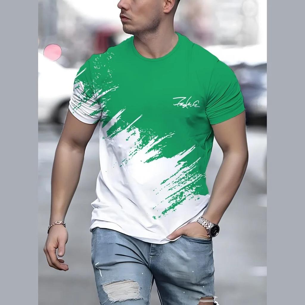 Summer Round Neck Gradient Color Block 3D Print Top Fashionable Casual Short Sleeved Men's T-shirts