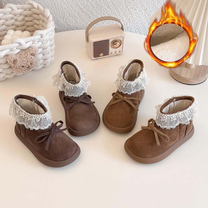 Mädchen Kurzstiefel im koreanischen Stil mit Fleecefutter und Schleife - 2025 Herbst/Winter Prinzessin Baumwollschuhe für Kinder