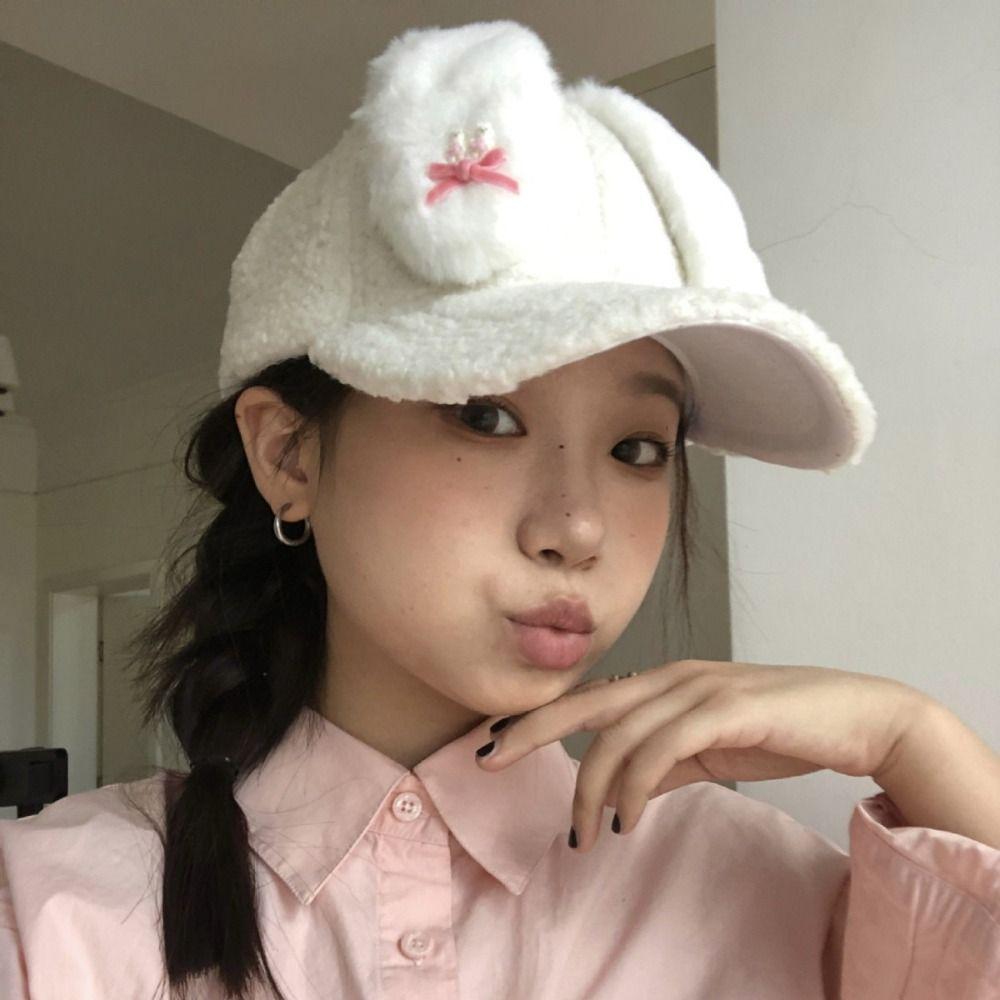 Lamb Fleece Y2k Rabbit Ear Hat Korean Peaked Cap Lovely Women's Baseball Hat  Female