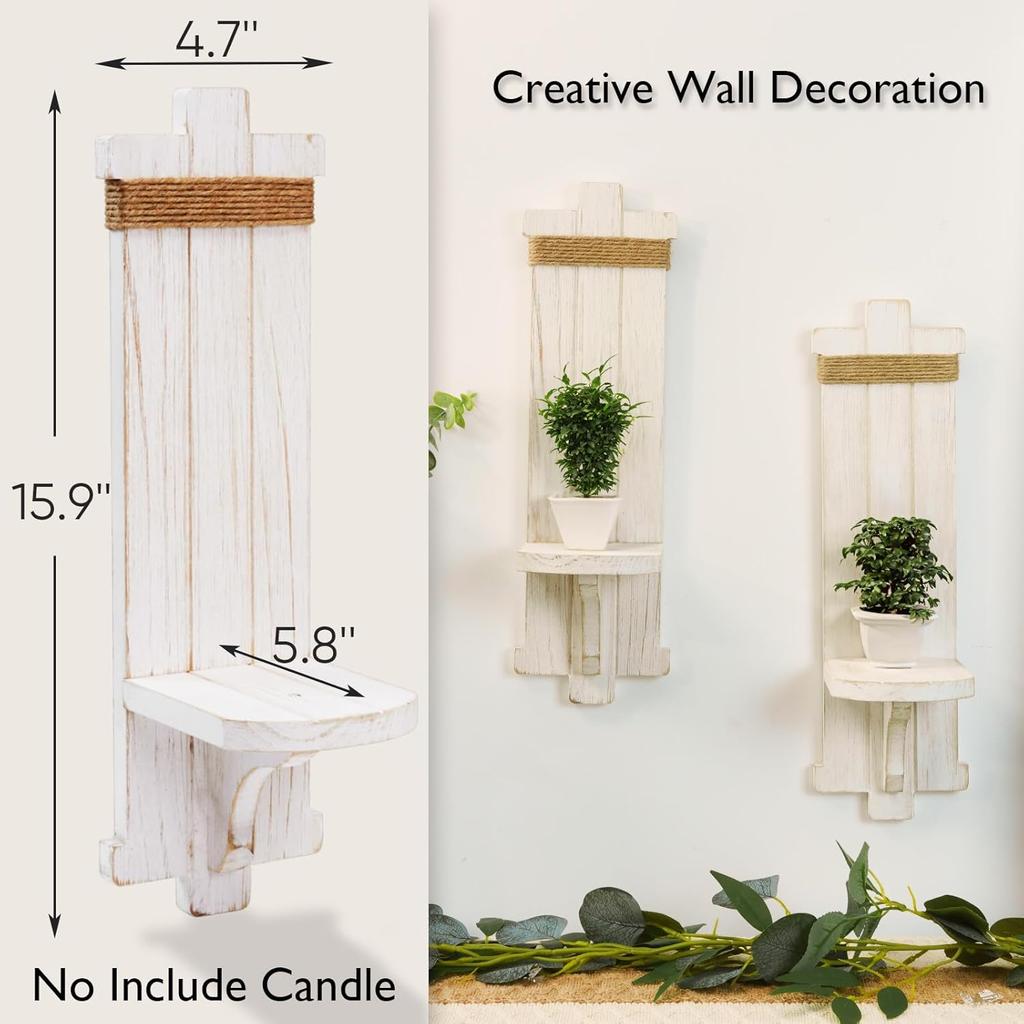 Homemory Wall Sconces Candle Holder Set of 2, Farmhouse Wooden Rustic Wall Decor for Living Room, Dining Room, Bedroom, Bathroom (White)