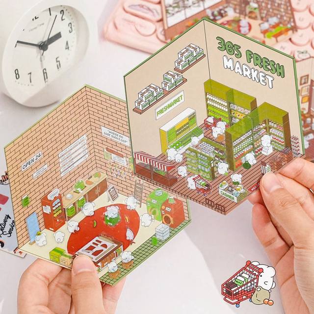 3D Landscaping Stickers Cartoon Miniature Scene DIY Cabin Scene Stacking And Pasting Hand Account Stationery Gift For Kid Child
