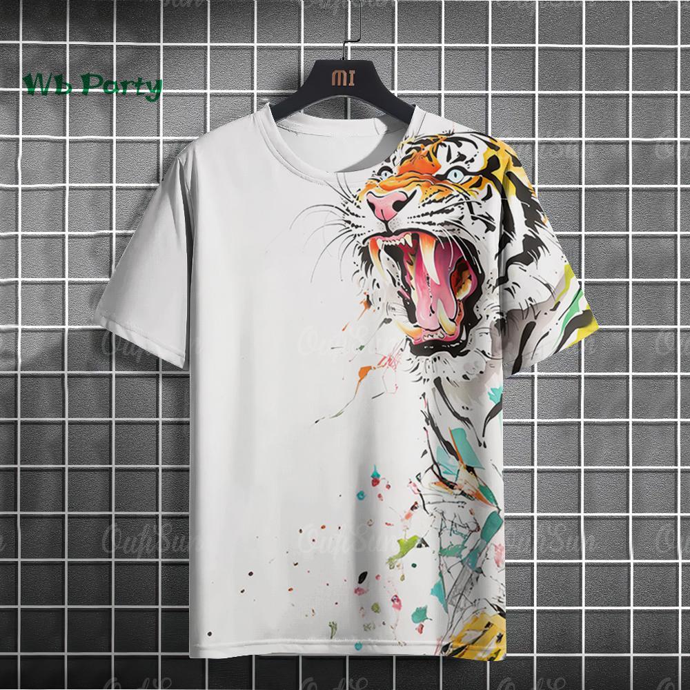Summer Round Neck 3D Fierce Tiger Print Top Fashionable Casual Short Sleeved Men's T-shirts