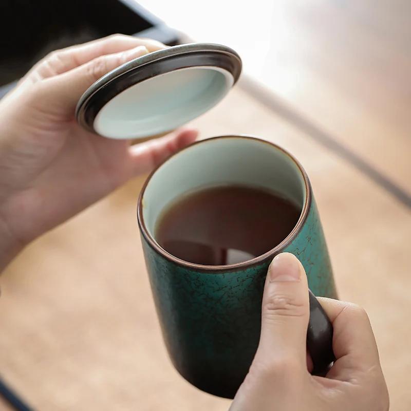 Retro Ceramic Aesthetic Mug Bubble Tea Cup with Cover Japanese Tea Water Elegant Original Mugs Coffee Cups Espresso Kiln Baked Wood Handle Gift