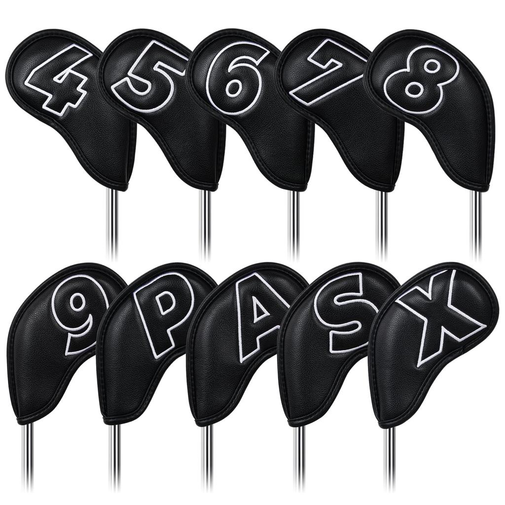 Set of 10 Golf Iron Covers, Magnetic Wedge Covers, and Club Headcovers (4-9, P, A, S, X) with Black Synthetic Leather and White Numbers On Both Sides
