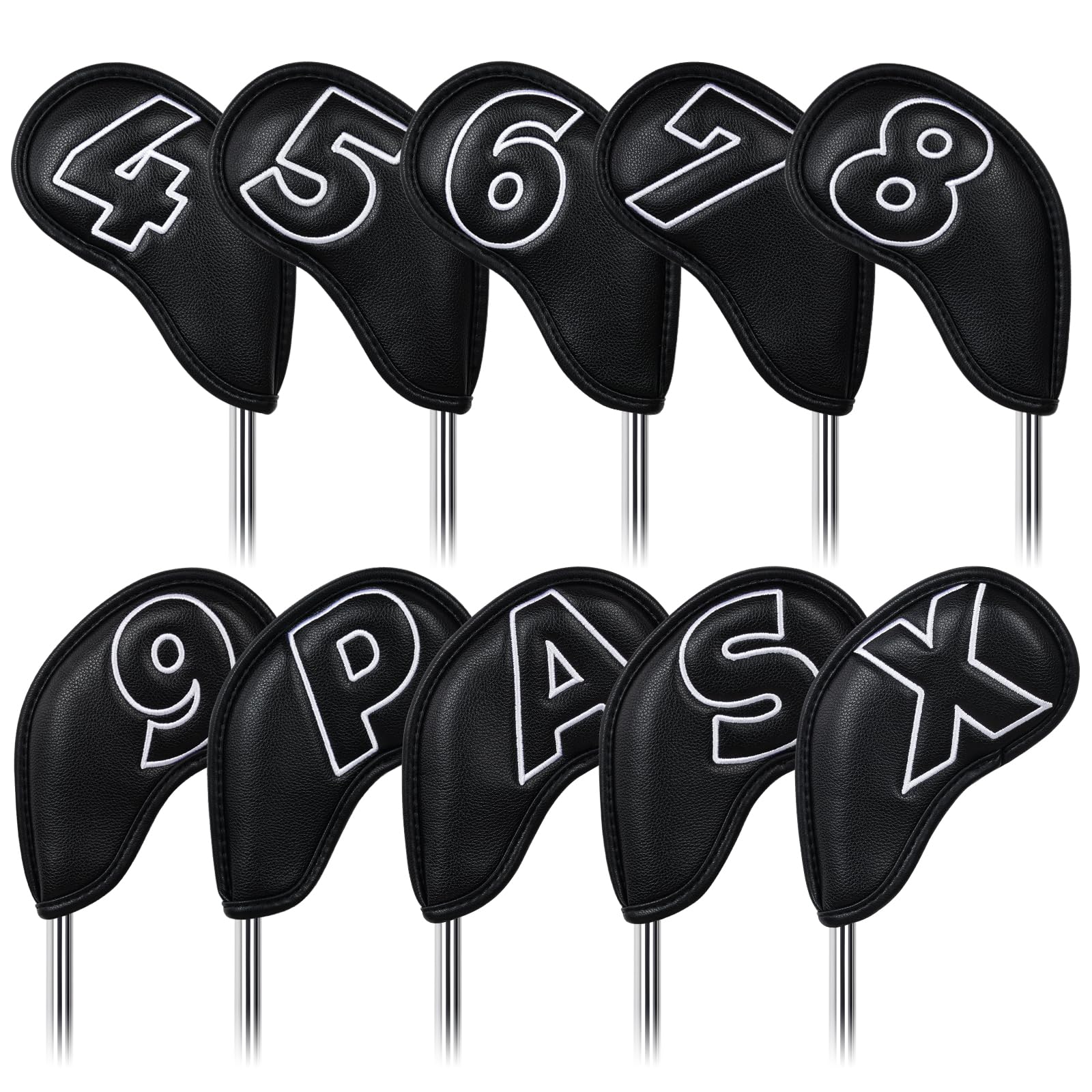 

Set of 10 Golf Iron Covers, Magnetic Wedge Covers, and Club Headcovers (4-9, P, A, S, X) with Black Synthetic Leather and White Numbers on Both Sides
