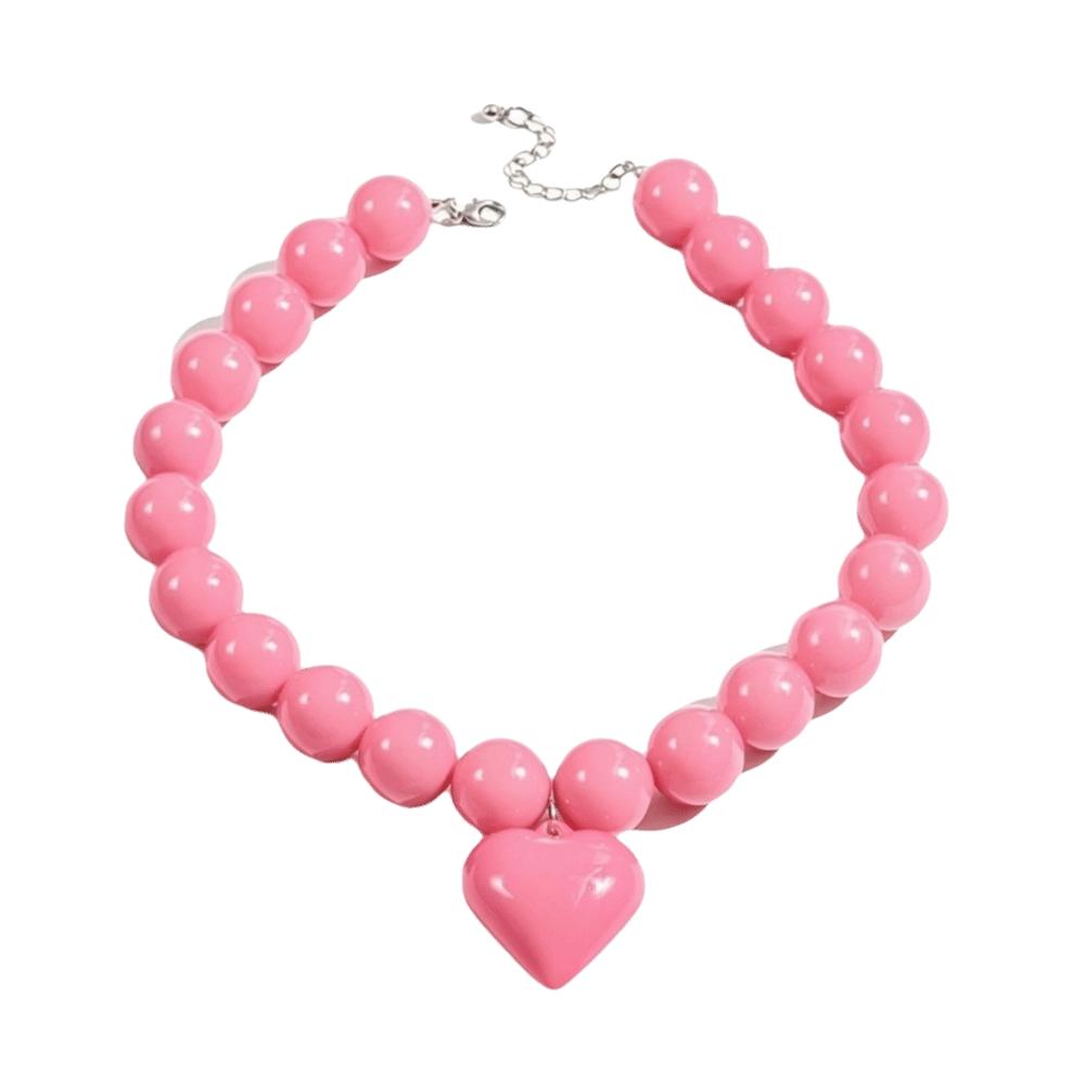Round Beaded Necklace Acrylic Clavicle Chain Chunky Style Heart Pendant Choker Prom розовый