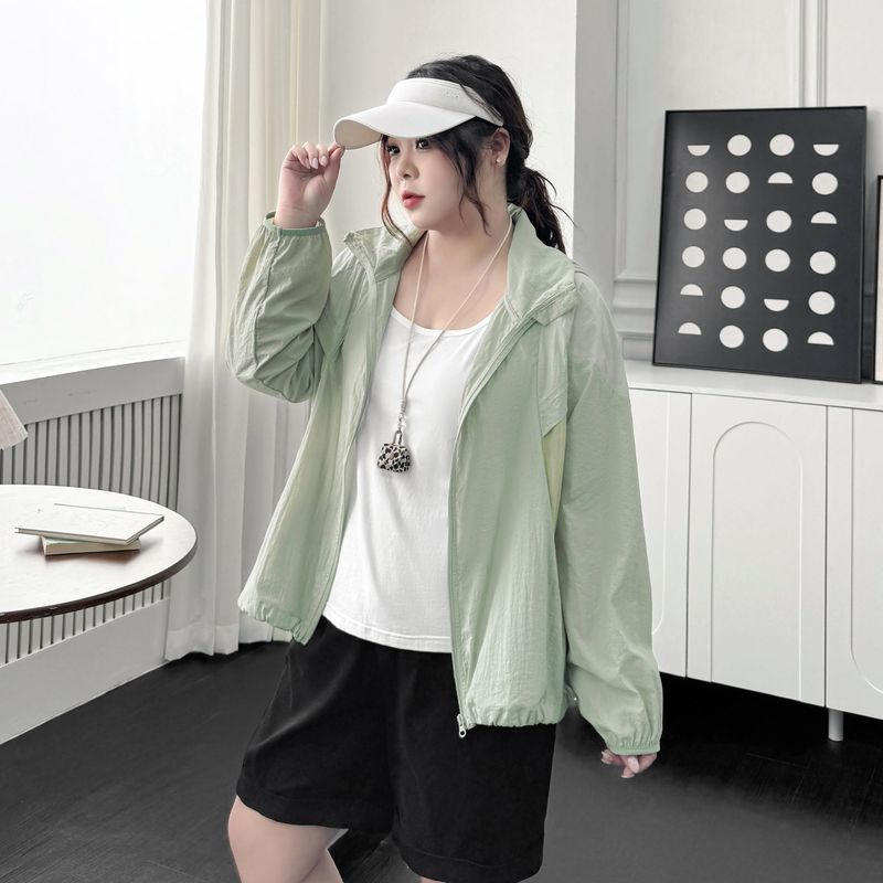

Plus size women clothing [Breeze in Walking Room] UPF50 + UV-Proof Breathable Thin Section Patchwork Sun Protection Shirt Outerwear