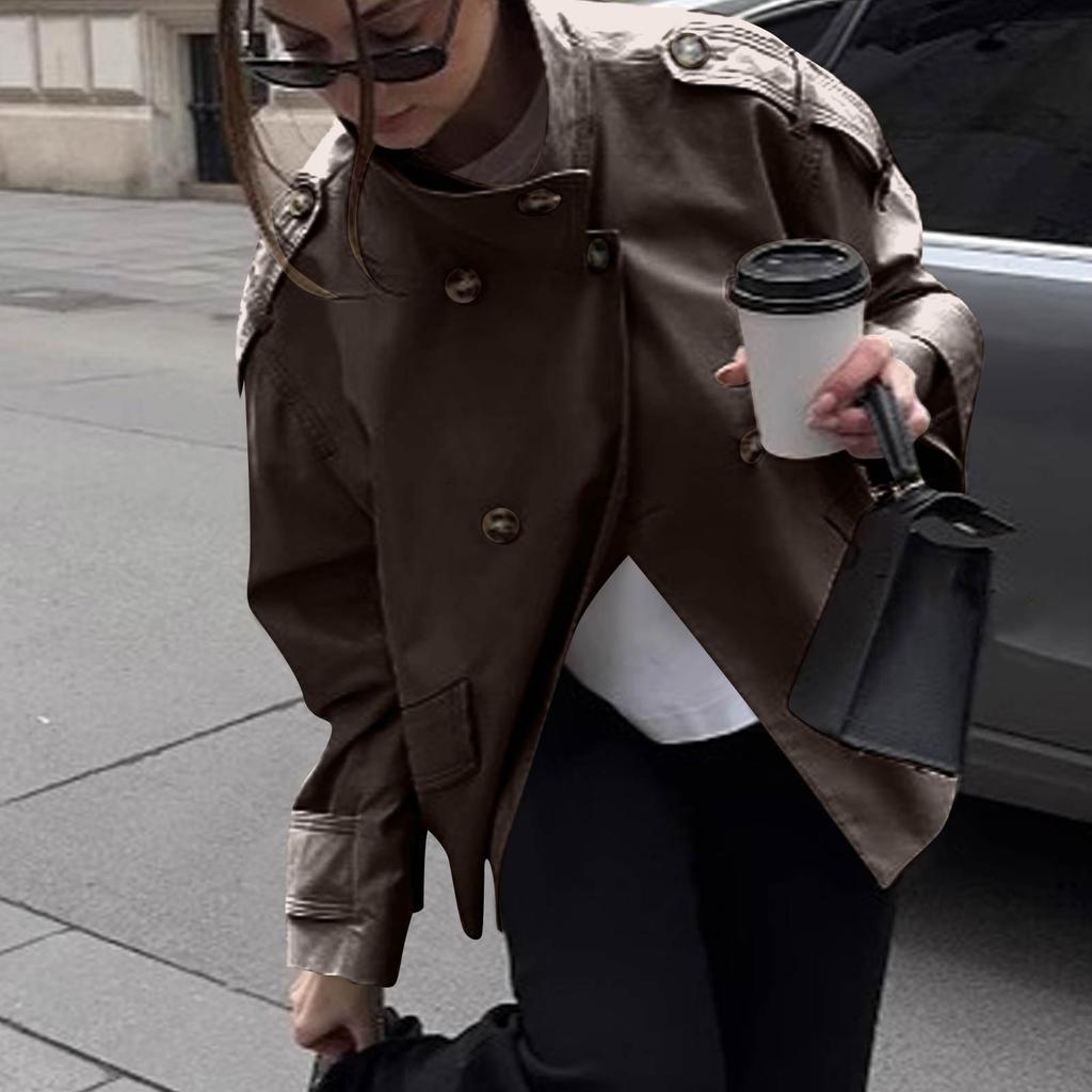 Women's Fashion Stand Collar Double-Breasted Waist-Defining Belted Short Trench Coat