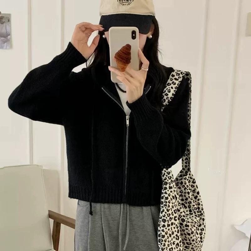 

Autumn and winter new small zipper hooded sweater jacket women s solid color soft waxy simple versatile knitted cardigan One Size чёрный
