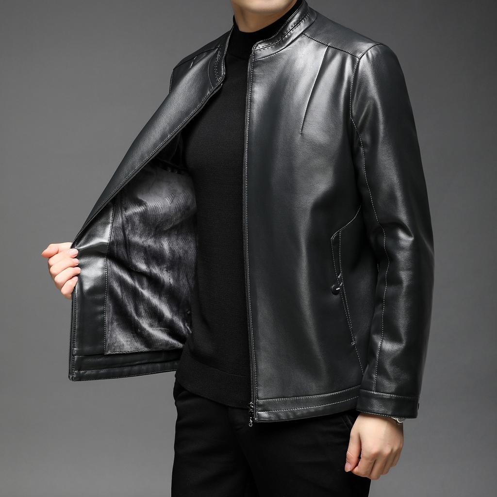 Men's Stand Collar Leather Jacket Autumn and Winter New Velvet Men's Leather Jacket PU Middle-aged Leather Jacket Men's Clothing