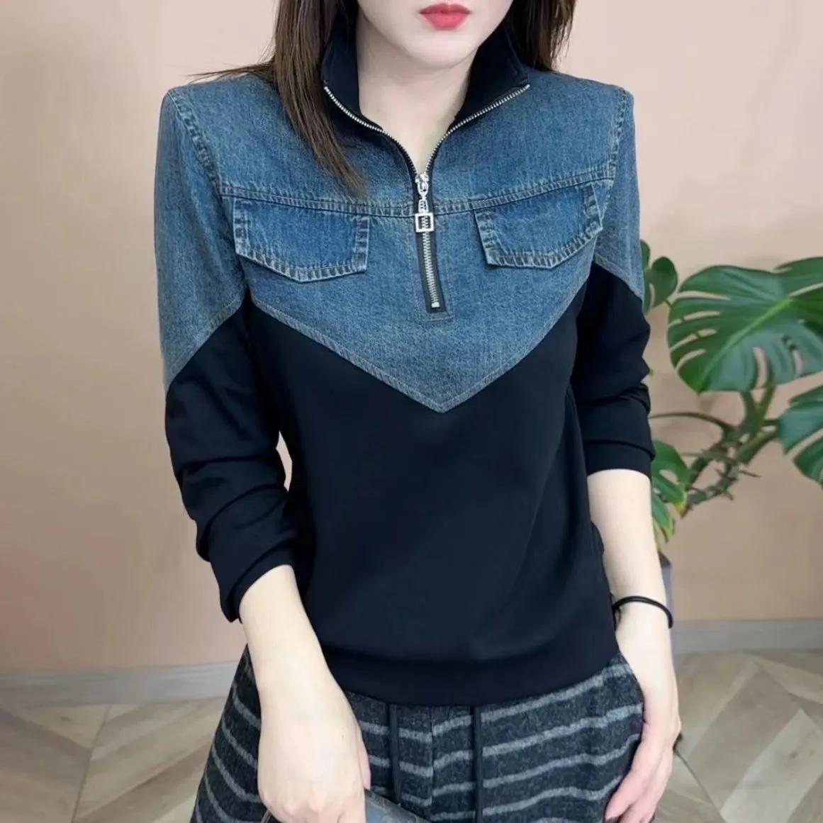 

Весенне-осенняя рубашка с длинным рукавом, воротником-стойкой, половинной молнией, контрастным цветовым дизайном, корейская версия, слегка тянущаяся, маленькая S синий